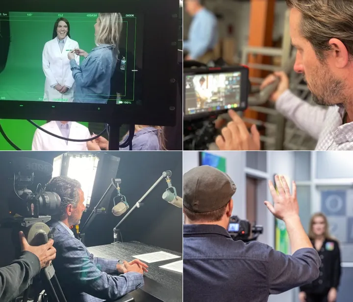 Collage of a Dental Implants Today production: a doctor filmed in front of a green screen, a camera operator, a presenter at a microphone, and a director on set